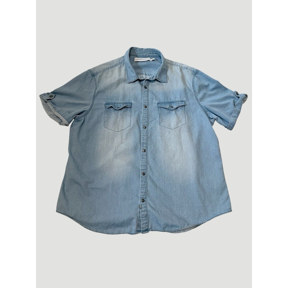 Calvin Klein Jeans Men's Size XL Button Up Chambray Short Sleeve Tee 100% Cotton